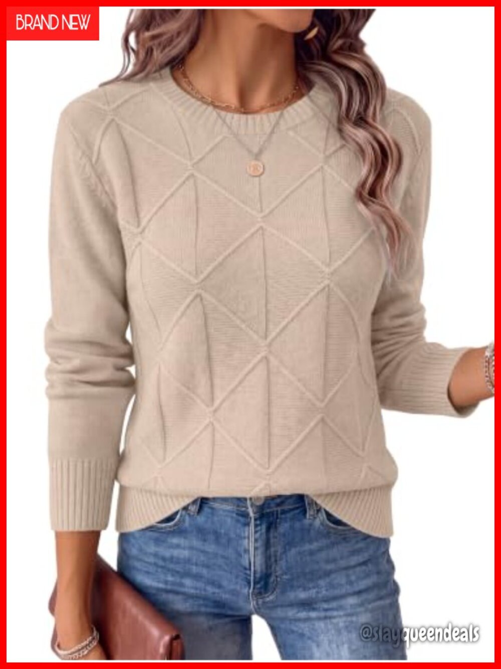Women's Long Sleeve Argyle Knit Sweater Crewneck Pullover